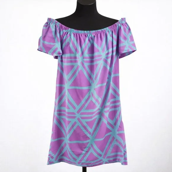 Mahi Gold Purple & Turquoise Geometric Mini Dress - Off-The-Shoulder - Size L - Picture 1 of 4